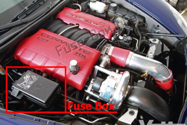 The location of the fuses in the engine compartment: Chevrolet Corvette (C6; 2005-2013)