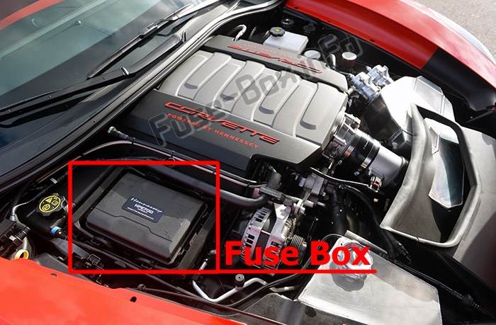 The location of the fuses in the engine compartment: Chevrolet Corvette (C7; 2014-2019-..)