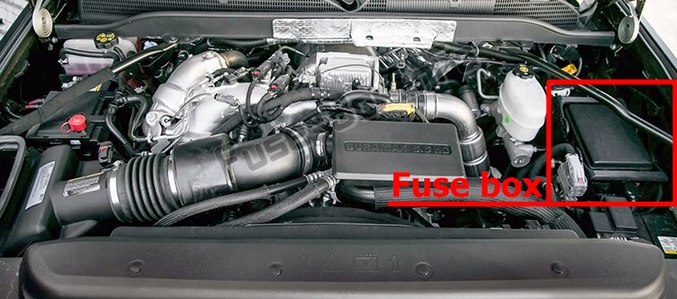 The location of the fuses in the engine compartment: Chevrolet Silverado (mk3; 2014-2018)