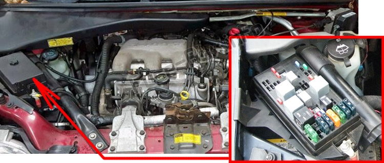 The location of the fuses in the engine compartment: Chevrolet Venture (1997-2005)