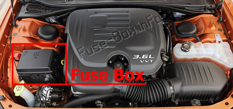 The location of the fuses in the engine compartment: Dodge Challenger (2009-2019)