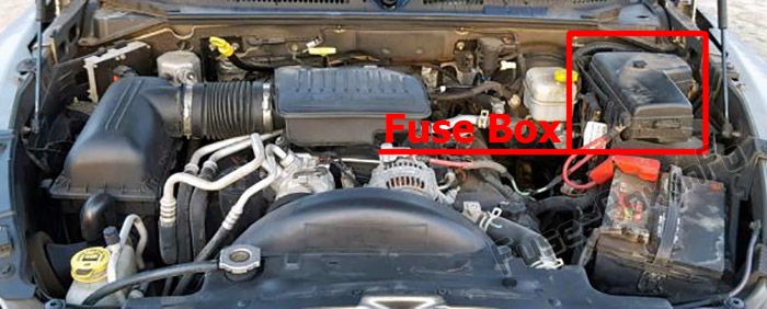The location of the fuses in the engine compartment: Dodge Dakota (2005-2011)