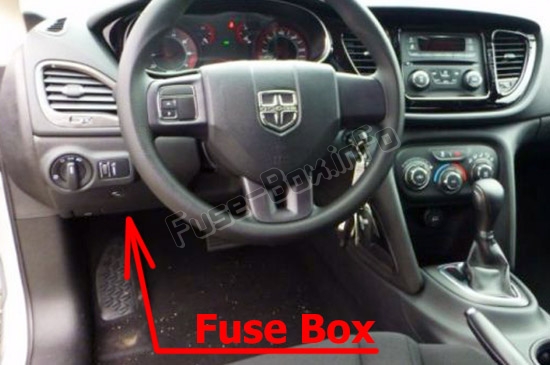 The location of the fuses in the passenger compartment: Dodge Dart (PF; 2013-2016)