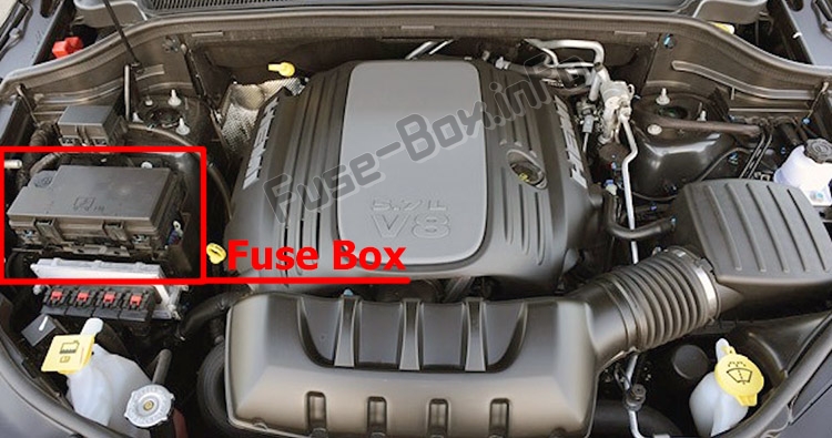 The location of the fuses in the engine compartment: Dodge Durango (2011-2018)
