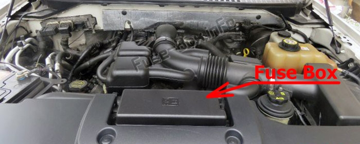 The location of the fuses in the engine compartment: Ford Expedition (U324; 2007-2014)