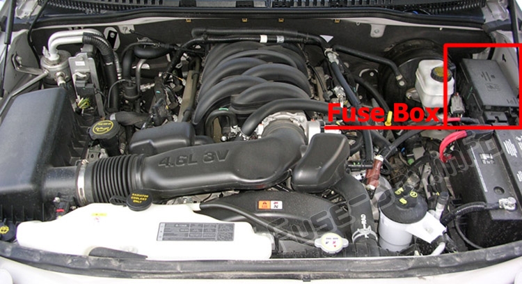 The location of the fuses in the engine compartment: Ford Explorer (2006-2010)