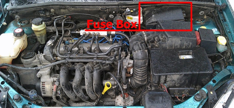 The location of the fuses in the engine compartment: Ford Focus (1999-2007)