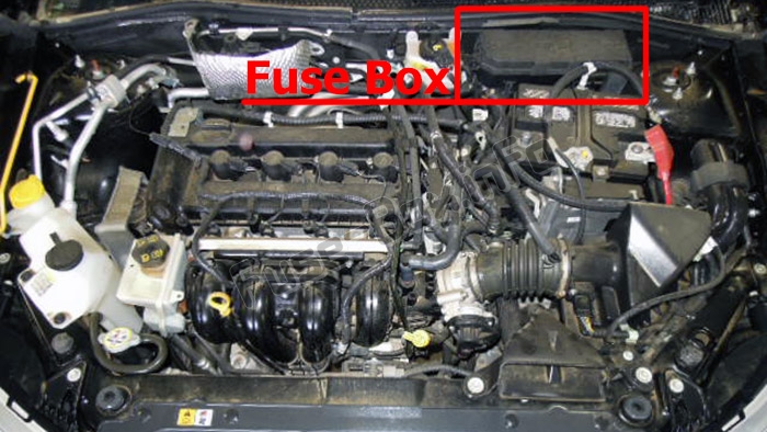 The location of the fuses in the engine compartment: Ford Focus (2008-2011)