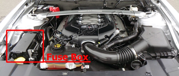 The location of the fuses in the engine compartment: Ford Mustang (2010-2014)