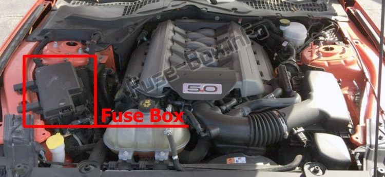 The location of the fuses in the engine compartment: Ford Mustang (2015-2019-..)