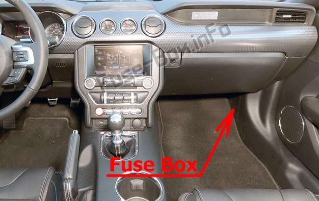 The location of the fuses in the passenger compartment: Ford Mustang (2015-2019-..)