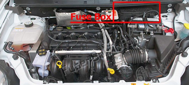 The location of the fuses in the engine compartment: Ford Transit Connect (2010-2013)