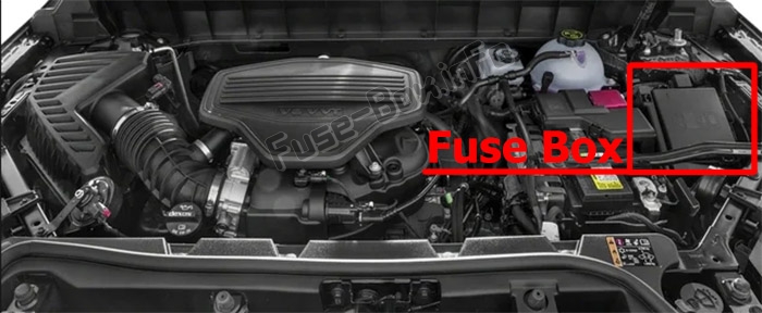 The location of the fuses in the engine compartment: GMC Acadia (2017-2019..)