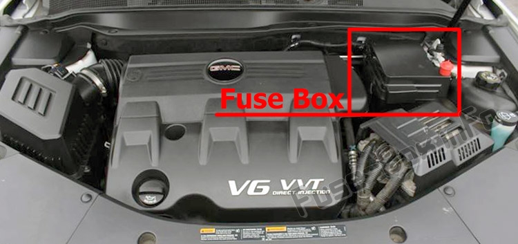 The location of the fuses in the engine compartment: GMC Terrain (2010-2017)