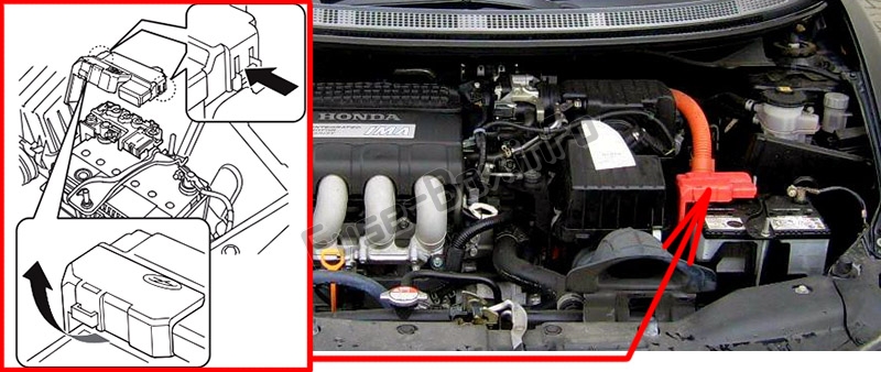 The location of the fuses in the engine compartment: Honda CR-Z (2011-2016)