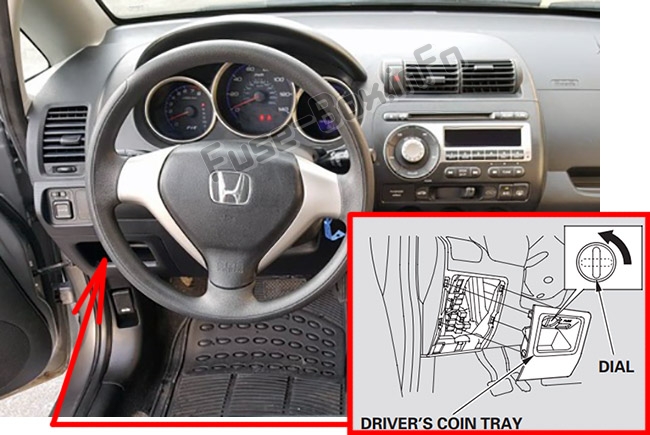 The location of the fuses in the passenger compartment: Honda Fit (GD; 2007-2008)