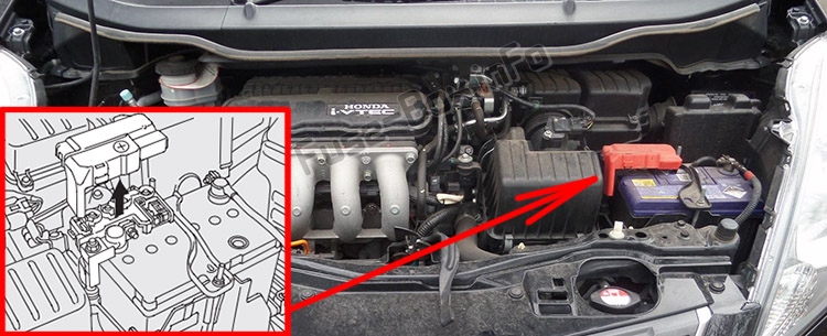 The location of the fuses in the engine compartment: Honda Fit (GE; 2009-2014)