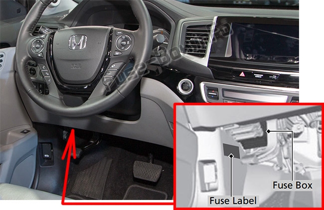 The location of the fuses in the passenger compartment: Honda Ridgeline (2017-2019-..)