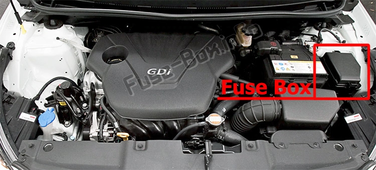 The location of the fuses in the engine compartment: Hyundai Accent (RB; 2011-2017)