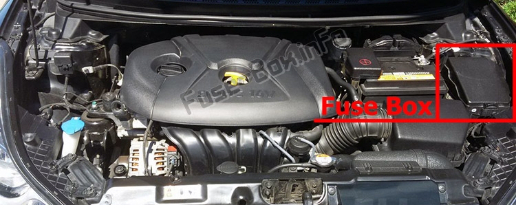 The location of the fuses in the engine compartment: Hyundai Elantra (MD/UD; 2011-2016)