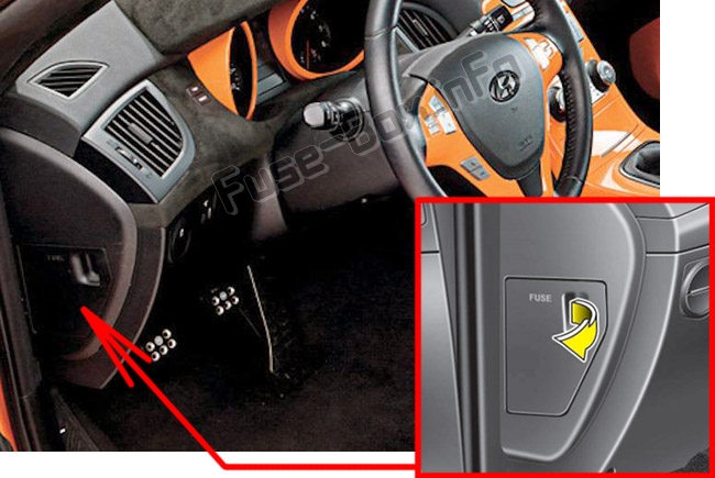 The location of the fuses in the passenger compartment: Hyundai Genesis Coupe (2009-2016)
