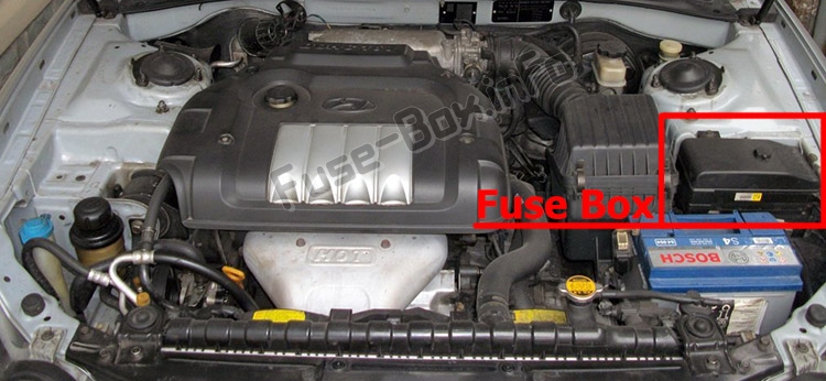 The location of the fuses in the engine compartment: Hyundai Sonata (EF; 2002-2004)