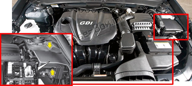 The location of the fuses in the engine compartment: Hyundai Sonata (YF; 2010-2013)