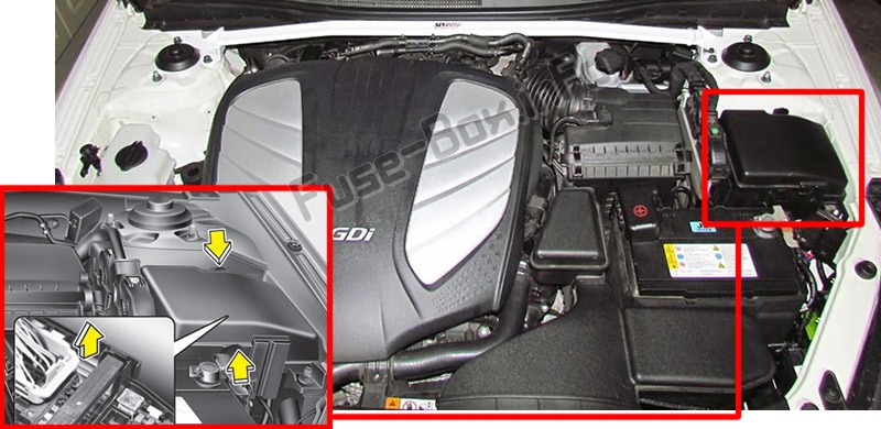 The location of the fuses in the engine compartment: KIA Cadenza (VG; 2010-2016)