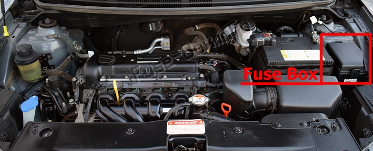 The location of the fuses in the engine compartment: KIA Rio (UB; 2012-2017)
