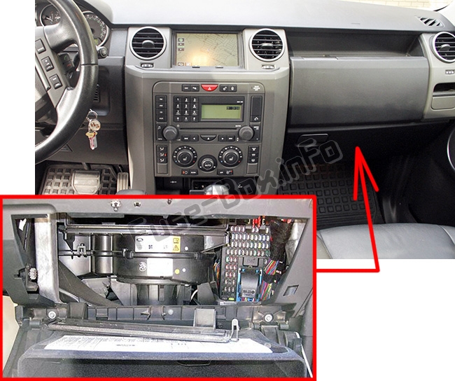The location of the fuses in the passenger compartment: Land Rover Discovery 3 / LR3 (2004-2009)