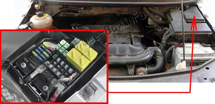 The location of the fuses in the engine compartment: Land Rover Freelander (L314; 2003-2006)