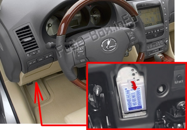The location of the fuses in the passenger compartment: Lexus GS450h (S190; 2006-2011)