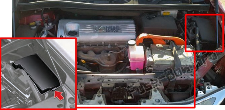 The location of the fuses in the engine compartment: Lexus HS250h (2010-2013)