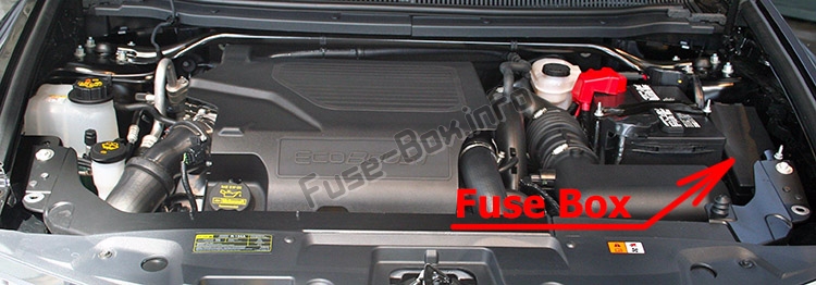 The location of the fuses in the engine compartment: Lincoln MKT (2010-2012)