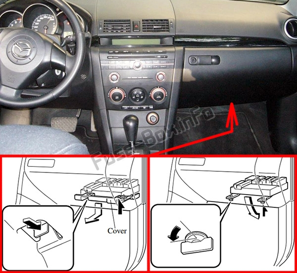 The location of the fuses in the passenger compartment: Mazda 3 (BK; 2003-2009)