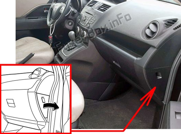 The location of the fuses in the passenger compartment: Mazda 5 (2011-2018)
