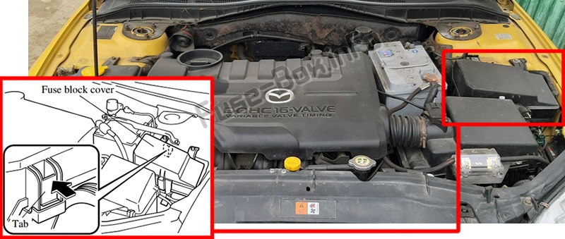 The location of the fuses in the engine compartment: Mazda 6 (GG1; 2003-2008)