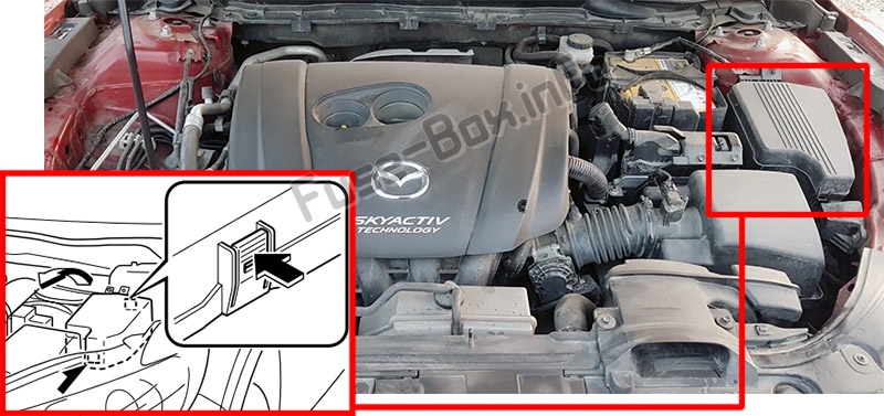 The location of the fuses in the engine compartment: Mazda 6 (GJ1/GL; 2013-2019..)