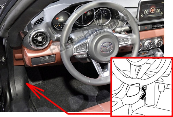 The location of the fuses in the passenger compartment: Mazda MX-5 Miata (ND; 2016-2019..)