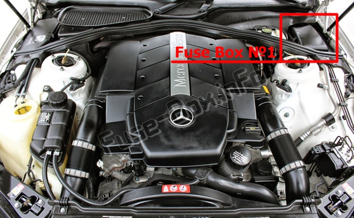 The location of the fuses in the engine compartment: Mercedes-Benz CL-Class / S-Class (C215/W220; 1999-2006)