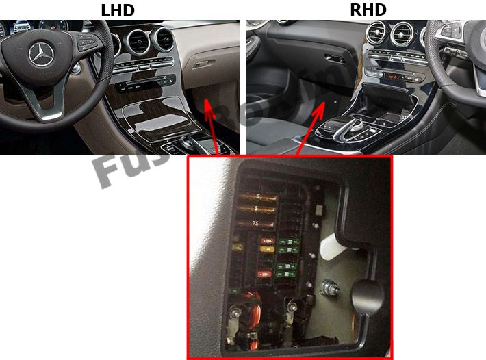 The location of the fuses in the passenger compartment: Mercedes-Benz GLC-Class (X253/C253; 2015-2019..)