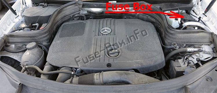 The location of the fuses in the engine compartment: Mercedes-Benz GLK-Class (X204; 2009-2015)
