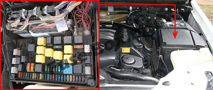 The location of the fuses in the engine compartment: Mercedes-Benz M-Class (W163; 1998-2005)