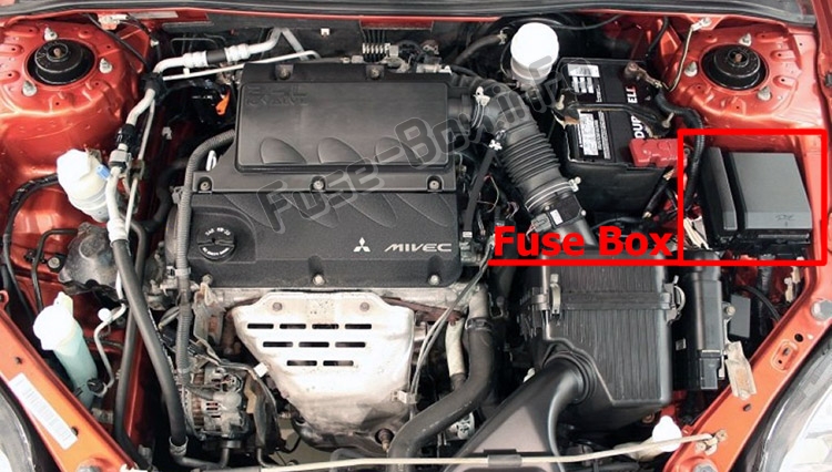 The location of the fuses in the engine compartment: Mitsubishi Eclipse (4G; 2006-2012)