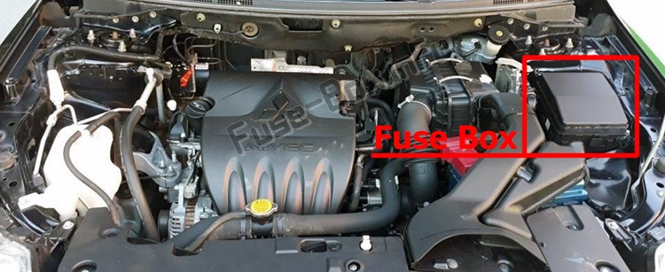 The location of the fuses in the engine compartment: Mitsubishi Lancer (2008-2017)