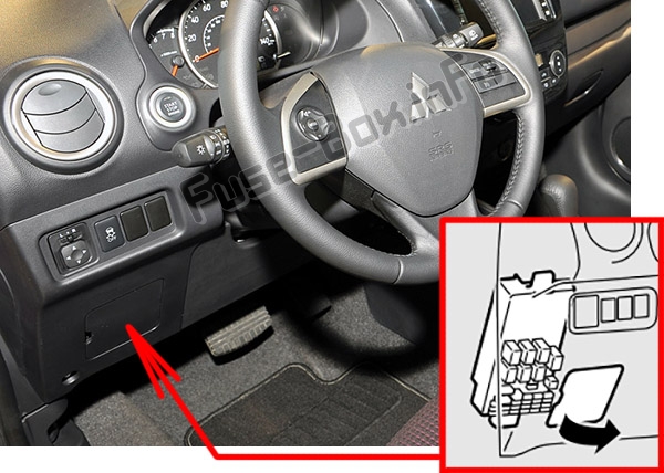 The location of the fuses in the passenger compartment: Mitsubishi Mirage (2014-2018)