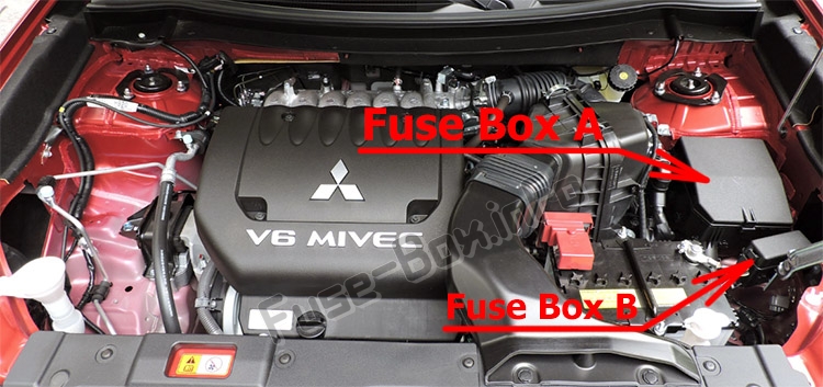 The location of the fuses in the engine compartment: Mitsubishi Outlander (2014-2019..)