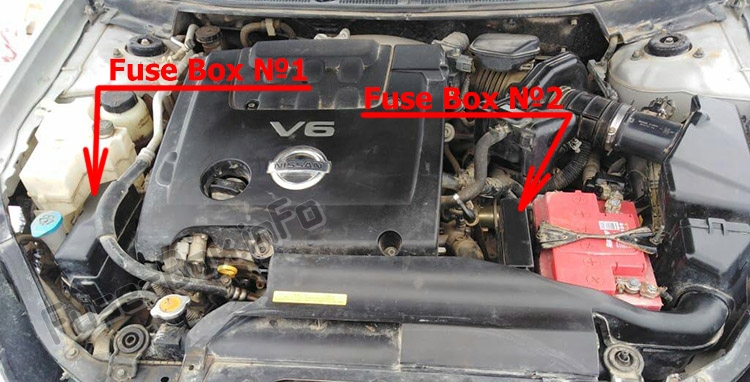 The location of the fuses in the engine compartment: Nissan Teana (J31; 2003-2008)