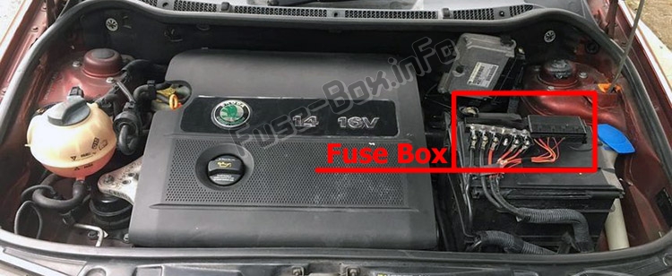 The location of the fuses in the engine compartment: Skoda Fabia (1999-2006)
