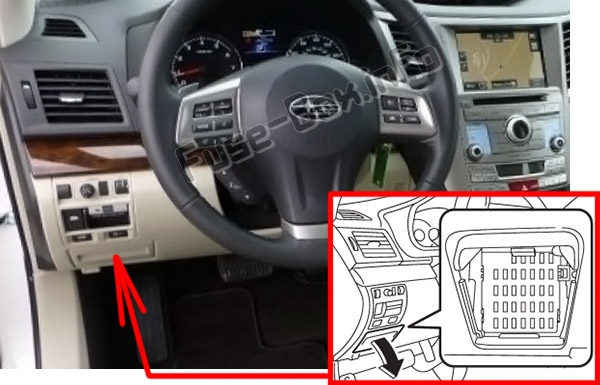 The location of the fuses in the passenger compartment: Subaru Outback (2010-2014)